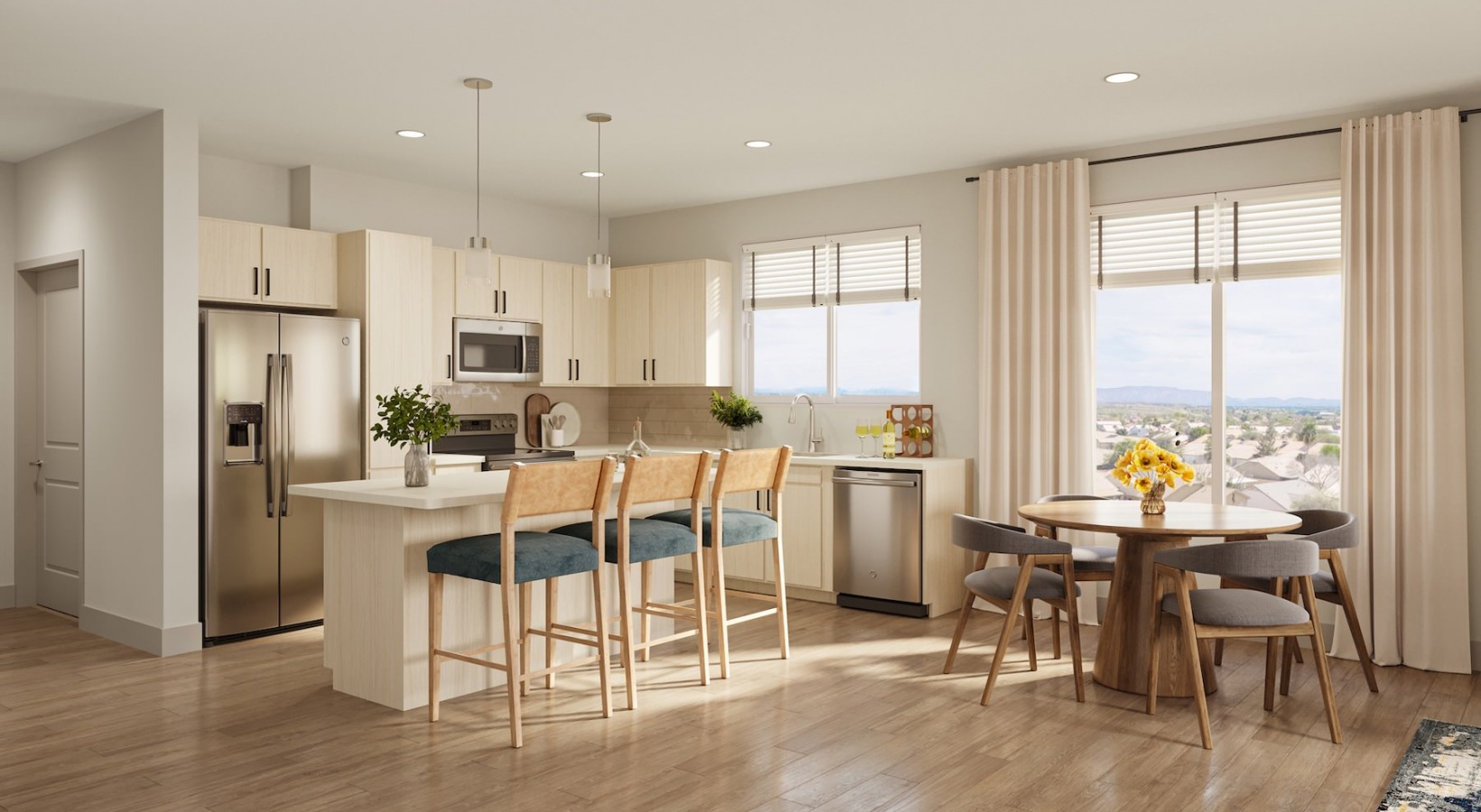 kitchen with island seating and dining room 