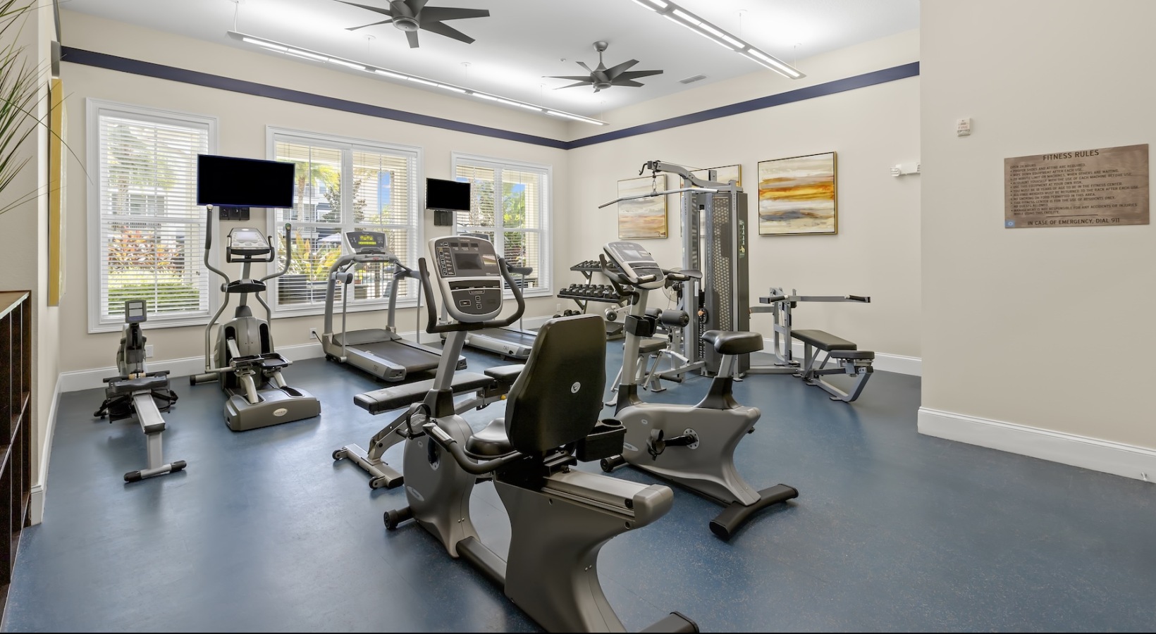 Quick access to state-of-the-art amenities Open and well-lit fitness center