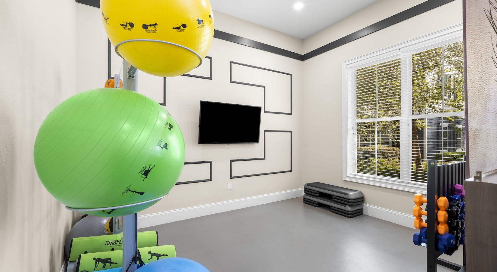 Get your workout on a spacious workout room
