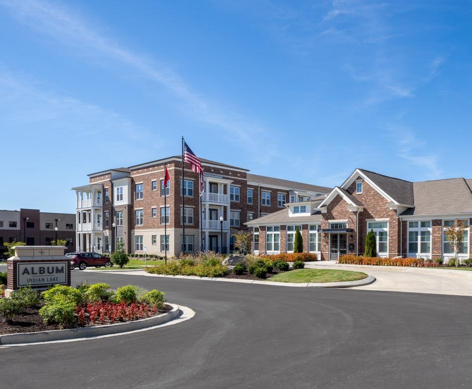 a building with a flag in front of it