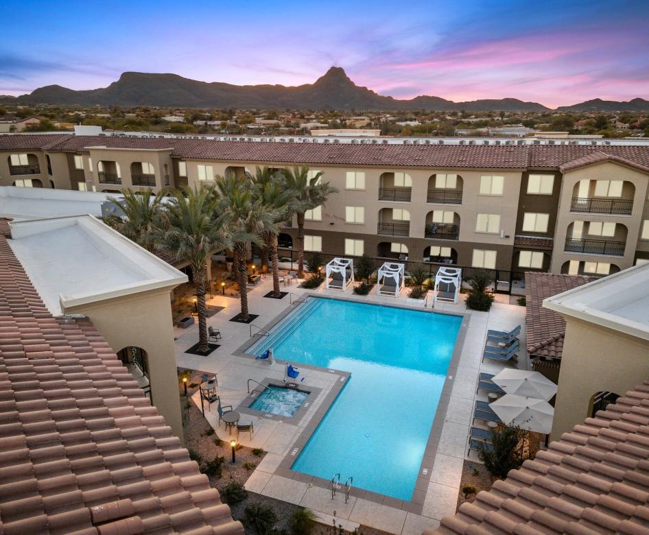 a pool in a courtyard