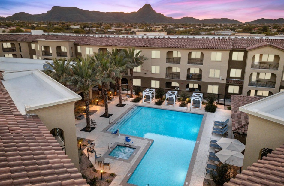a pool in a courtyard
