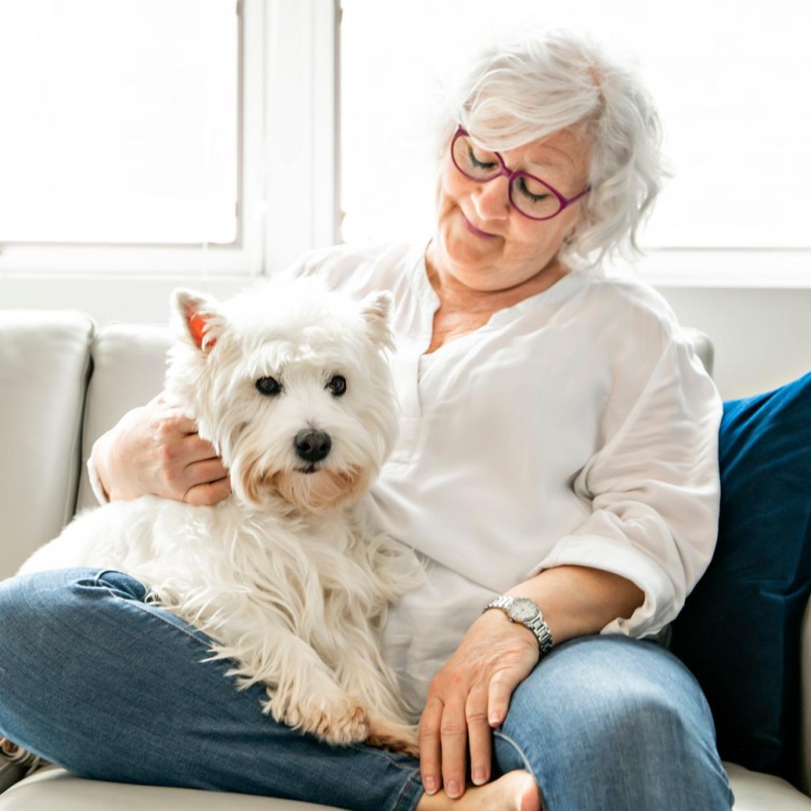 a woman sitting on a couch with a dog
