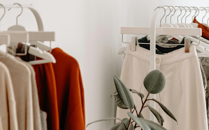 Vibrant community life with a variety of shopping options clothes on a rack near a plant